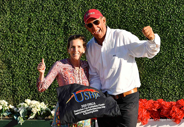 Sloan Lindemann Barnett and Archie Cox Celebrating Violet Lindemann Barnett winning USHJA Hunterdon Cup Equitation Classic Champion at the 2019 USEF Junior Hunter National Championship Photo by Alden Corrigan Media