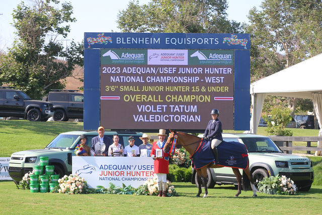 Violet Tatum and Valedictorian Overall Champion 3'6" Small Junior Hunter 15 & Under 2023 Adequan/USEF Junior Hunter National Championship - West