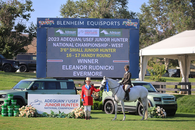 Eleanor Rudnicki and Evermore, owned by Tatum Equestrian, LLC Winner, Handy Round 3'6" Small Junior Hunter 16-17 2023 Adequan/USEF Junior Hunter National Championship - West