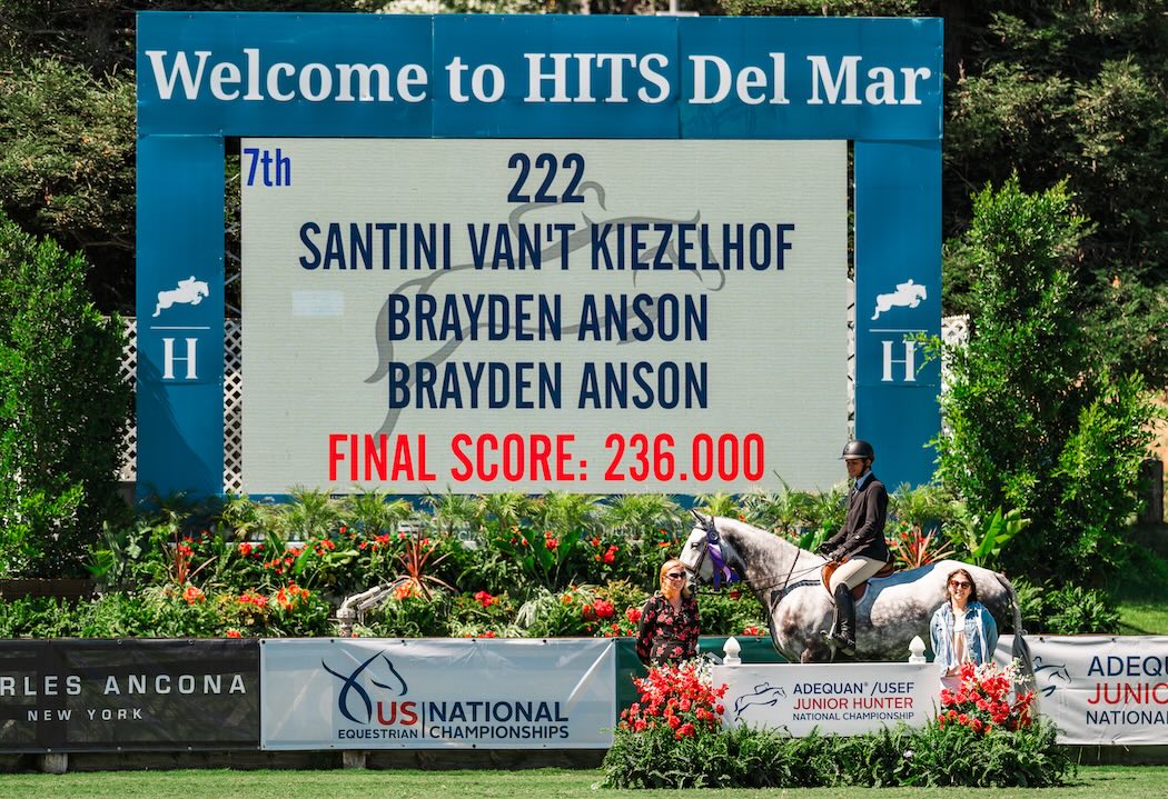 Brayden Anson and Santini Van't Kiezelhof 7th, Large 3'3" 16-17 Handy Round 2025 Adequan/USEF Junior Hunter National Championship - West Del Mar, California Photo by Captured Moment