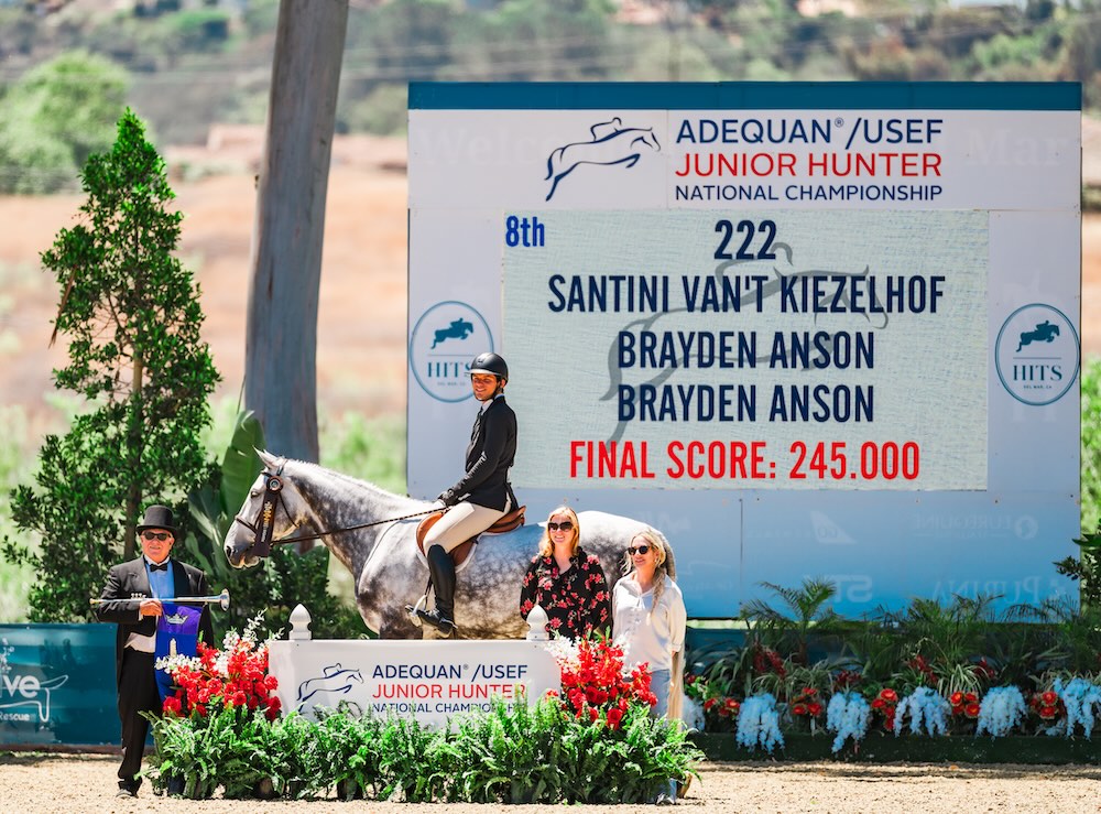 Brayden Anson and Santini Van't Kiezelhof 7th, Large 3'3" 16-17 Handy Round 2025 Adequan/USEF Junior Hunter National Championship - West Del Mar, California Photo by Captured Moment