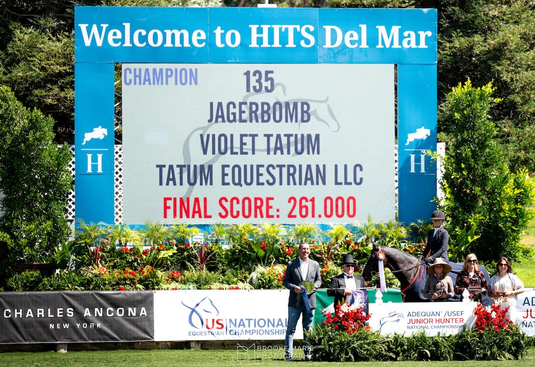 Violet Tatum and Jagerbomb 2025 Adequan/USEF Junior Hunter National Championship - West 3’6” Junior Hunter, Overall Grand Champion River Edge Farm Perpetual Trophy, Winner Classic Phase, Winner Handy Phase, Winner U/S Phase, 3rd Del Mar, California