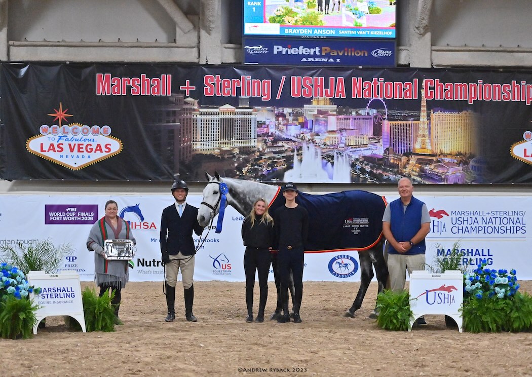 Brayden Anson and Santini Large Junior Hunter 3'3" Classic and Stake Winner 2025 USHJA National Championships Photo by Andrew Ryback