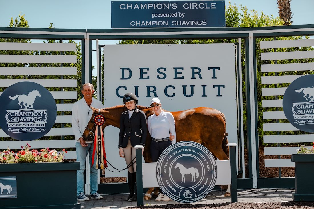 Geneva Saunders and Newsflash Antares Sellier Leading Pony Hunter Rider 2026 Desert Circuit