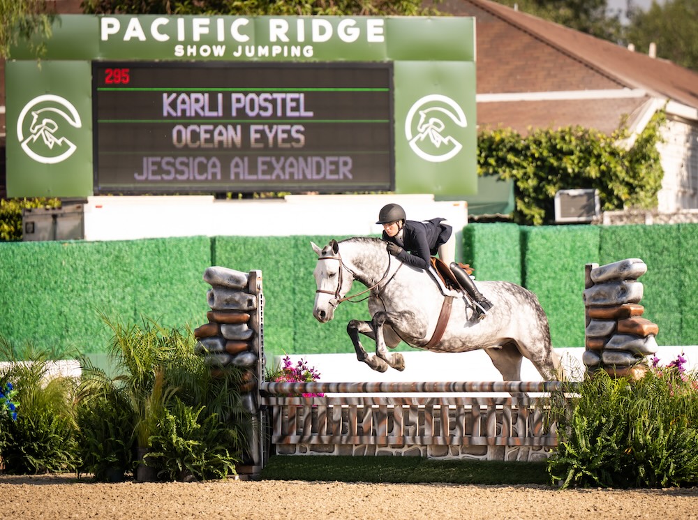Karli Postel and Ocean Eyes, owned by Jessica Alexander 2026 Pacific Ridge Show Jumping Los Angeles Equestrian Center